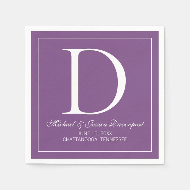 Serviette En Papier Monogramme de mariage élégant moderne violet blanc (Devant)