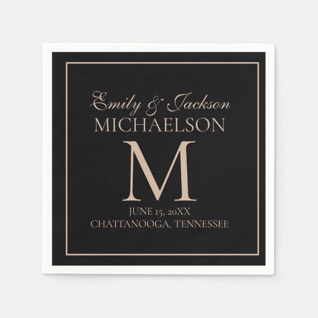 Serviette En Papier Monogramme de mariage élégant noir et or (Devant)