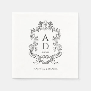 Serviette En Papier Monogramme de mariage floral noir et blanc