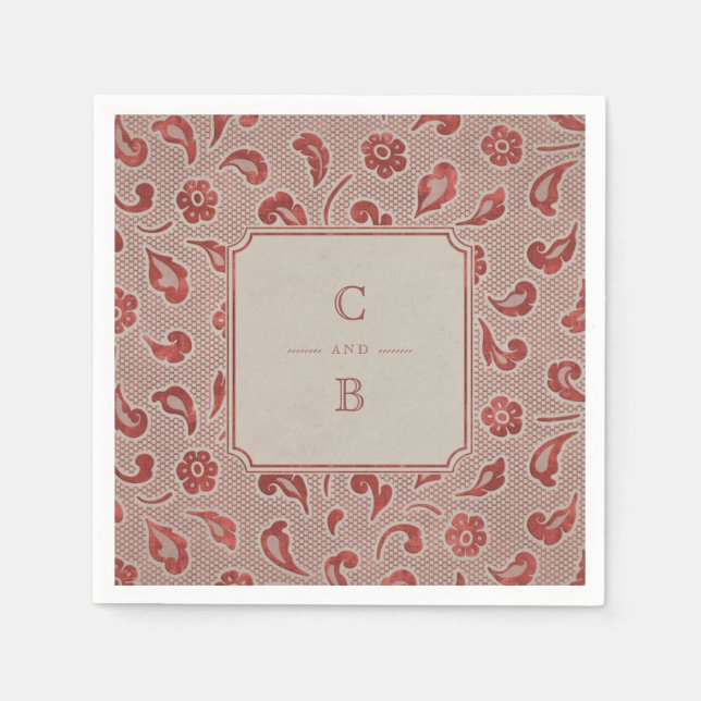 Serviette En Papier Monogramme de mariage rustique campagne rouge Kraf (Devant)