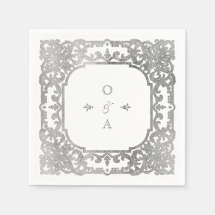 Serviette En Papier Monogramme de mariage vintage élégant et argenté