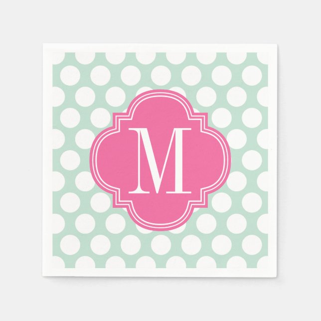 Serviette En Papier Monogramme de menthe chic et grands points roses (Devant)