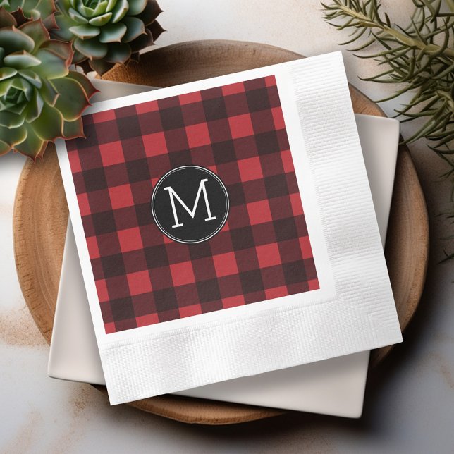 Serviette En Papier Monogramme de Motif de buffle rouge et noir rustiq (Personalized cocktail and dinner napkins)