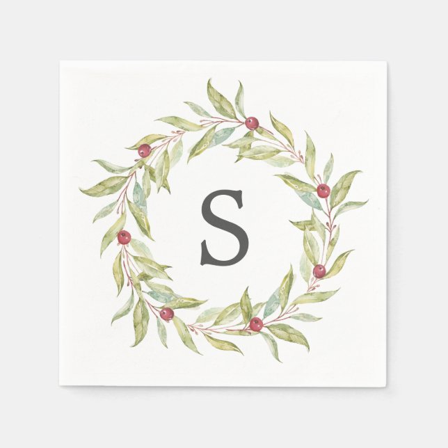 Serviette En Papier Monogramme de Noël Végétation d'hiver Berries Feui (Devant)