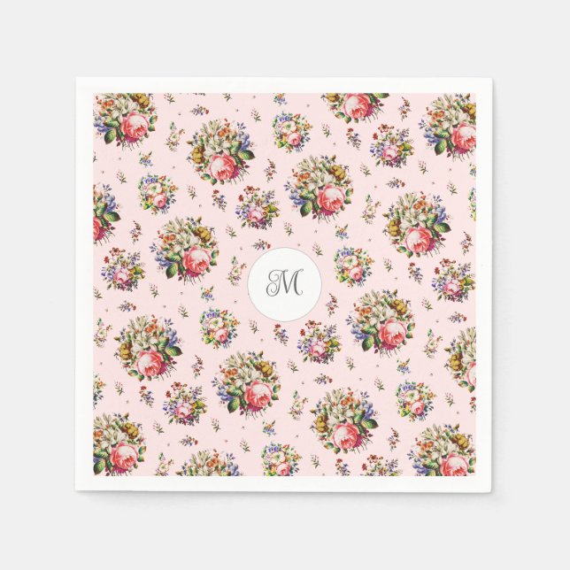 Serviette En Papier Monogramme de nom de motif floral rose élégant vin (Devant)