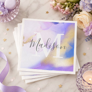 Serviette En Papier Monogramme de nom personnalisé Glam aquarelle viol