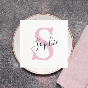 Serviette En Papier Monogramme de nom personnalisé rose moderne