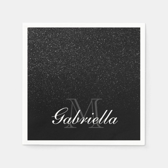 Serviette En Papier Monogramme de Parties scintillant noire (Devant)