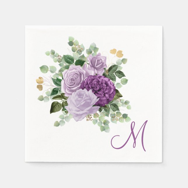 Serviette En Papier Monogramme de roses violettes (Devant)