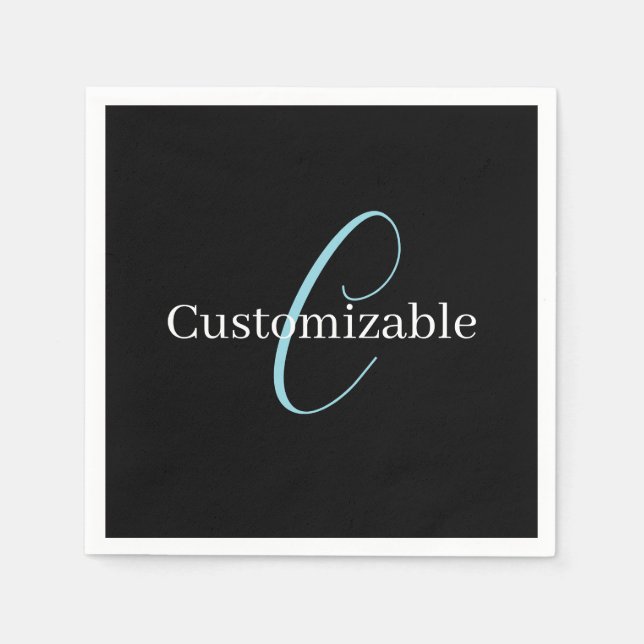 Serviette En Papier Monogramme de script cursif éditable Noir Bleu Bla (Devant)