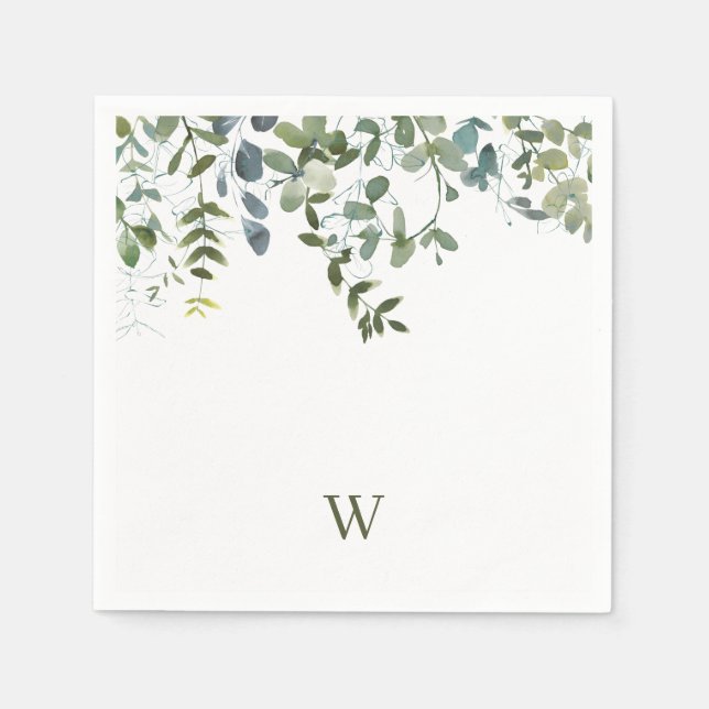 Serviette En Papier Monogramme de verdure à l'aquarelle élégante (Devant)