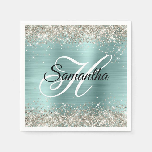 Serviette En Papier Monogramme d'huile de Parties scintillant Platine  (Devant)