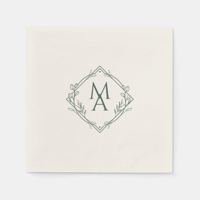 Serviette En Papier Monogramme diamant avec fleurs en À feuillage pers (Devant)