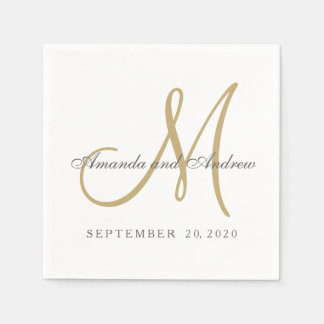 Serviette En Papier Monogramme d'or blanc gris classique Mariage éléga
