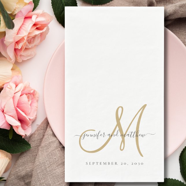 Serviette En Papier Monogramme d'or blanc gris classique Mariage éléga (Créateur téléchargé)