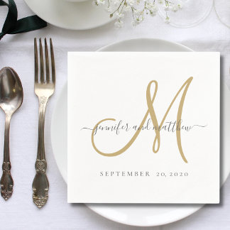 Serviette En Papier Monogramme d'or blanc gris classique Mariage éléga