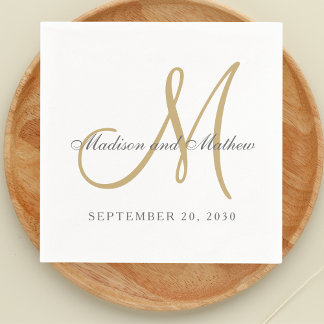 Serviette En Papier Monogramme d'or gris classique Mariage élégant