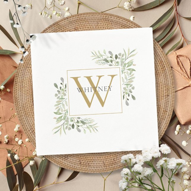 Serviette En Papier Monogramme d'or moderne Verdure serviettes florale (Modern Gold Monogram Greenery Floral Napkins)