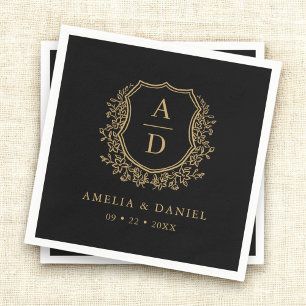 Serviette En Papier Monogramme d'or noir Floral Crest Mariage