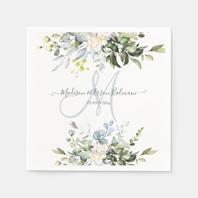 Serviette En Papier Monogramme élégant à l'aquarelle Eucalyptus Blue G (Devant)