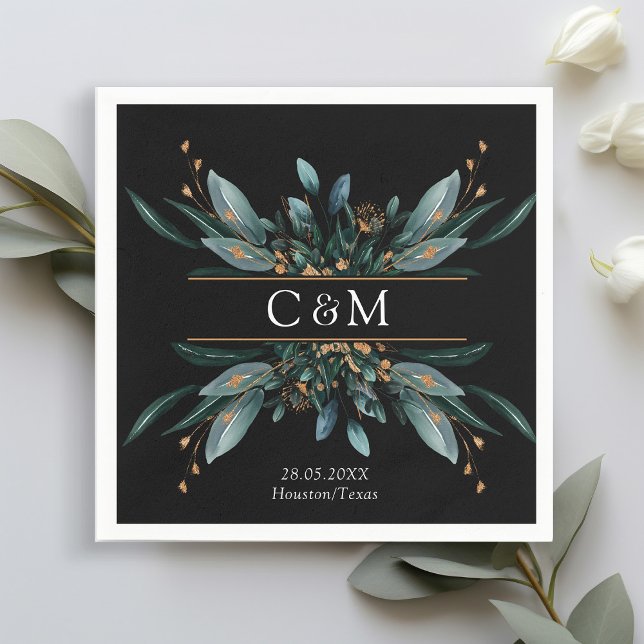 Serviette En Papier Monogramme Elegant Blue Gold (Imitat) Botanical Na (Créateur téléchargé)