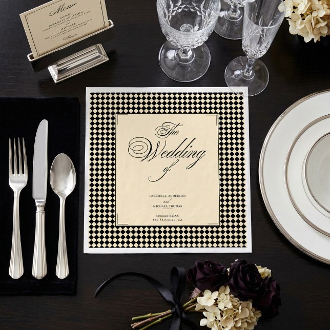 Serviette En Papier Monogramme Élégant Damier Noir Crème (Créateur téléchargé)