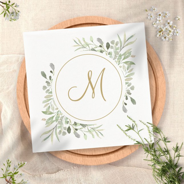 Serviette En Papier Monogramme élégant de feuillage en écriture dorée (Créateur téléchargé)