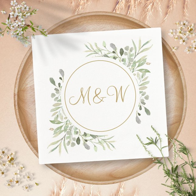 Serviette En Papier Monogramme élégant en écriture dorée avec verdure (Elegant Gold Script Monogram Initials Greenery Napkins)