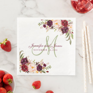 Serviette En Papier Monogramme élégant floral de Bourgogne Rustique Na