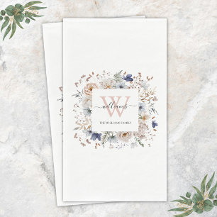 Serviette En Papier Monogramme Élégant Jolies Fleurs Beige Bleu Floral