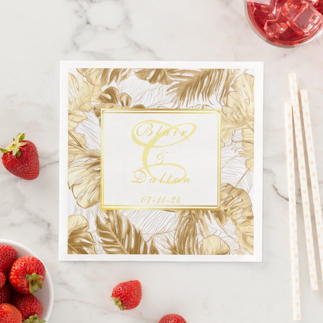 Serviette En Papier Monogramme Elegant Monstera Gilded Gold Mariage (En situation)