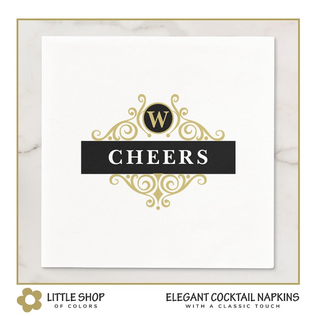 Serviette En Papier Monogramme élégant noir et or (Créateur téléchargé)