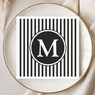 Serviette En Papier Monogramme Élégant Rayures Noires Et Blanches