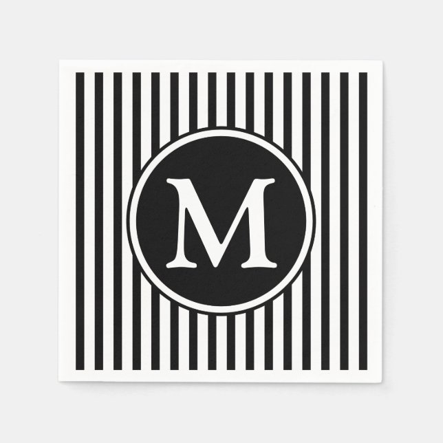 Serviette En Papier Monogramme Élégant Rayures Noires Et Blanches (Devant)