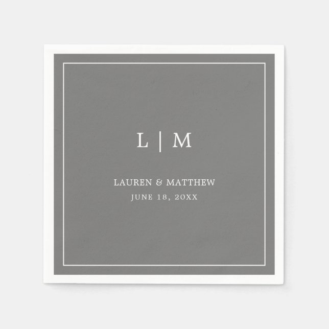 Serviette En Papier Monogramme Élégant Simple Gris Foncé pour Mariage (Devant)