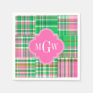 Serviette En Papier Monogramme Emerald Hot rose Preppwork Madras
