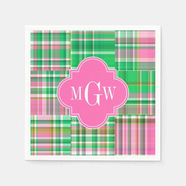 Serviette En Papier Monogramme Emerald Hot rose Preppwork Madras (Devant)