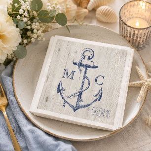 Serviette En Papier Monogramme en bois rustique avec ancre blanche mar