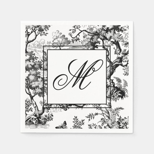 Serviette En Papier Monogramme en chinoiserie noir vintage (Devant)
