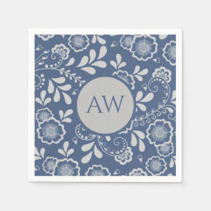 Serviette En Papier Monogramme en dentelle victorienne argent et bleu