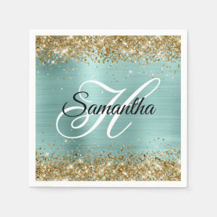 Serviette En Papier Monogramme en feuille de turquoise pâle pailleté o
