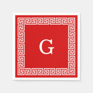 Serviette En Papier Monogramme encadré clé grecque rouge et blanc #1