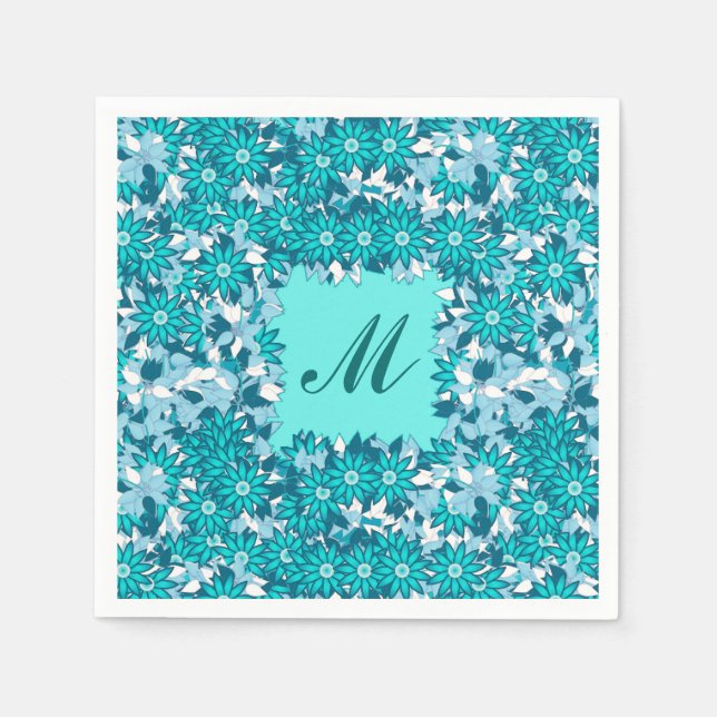 Serviette En Papier Monogramme encadré de fleurs - bleu et blanc (Devant)