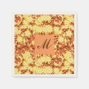 Serviette En Papier Monogramme encadré de fleurs - cacao et jaune