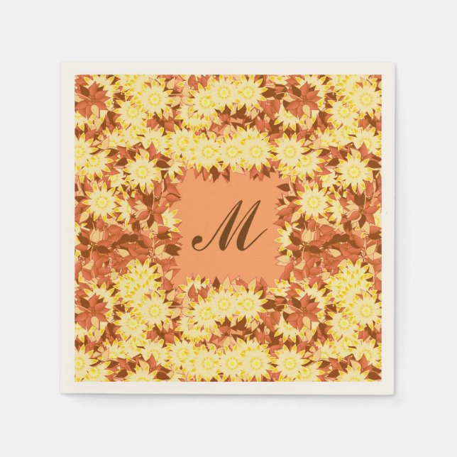 Serviette En Papier Monogramme encadré de fleurs - cacao et jaune (Devant)