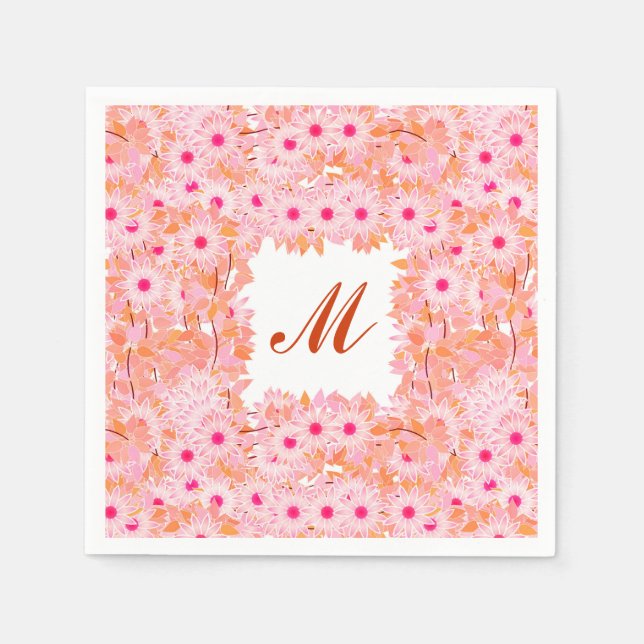Serviette En Papier Monogramme encadré de fleurs - rose et pêche (Devant)
