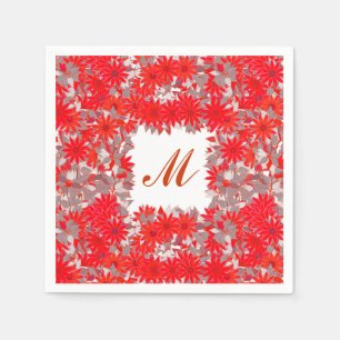 Serviette En Papier Monogramme encadré de fleurs - rouge et gris