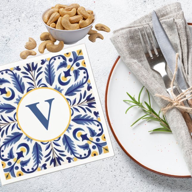 Serviette En Papier Monogramme Espagnol Fleur Bleu Citrons Jaunes (Créateur téléchargé)