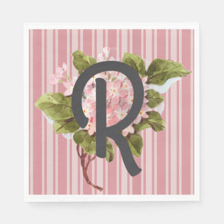 Serviette En Papier Monogramme et fleurs sur rayures roses