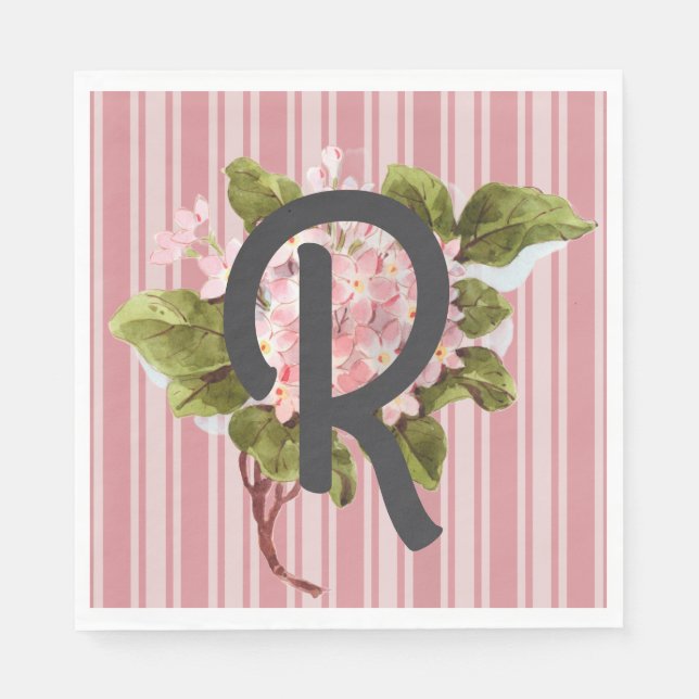 Serviette En Papier Monogramme et fleurs sur rayures roses (Devant)